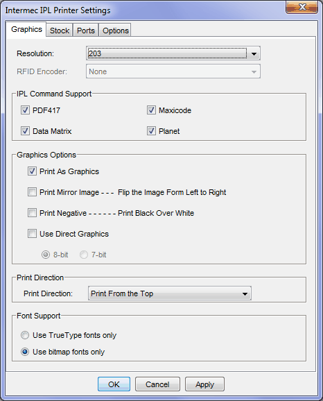 Intermec IPL Configuration Dialog - Graphics Options