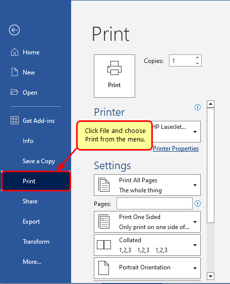 In Word, select File-Print in the application menu.