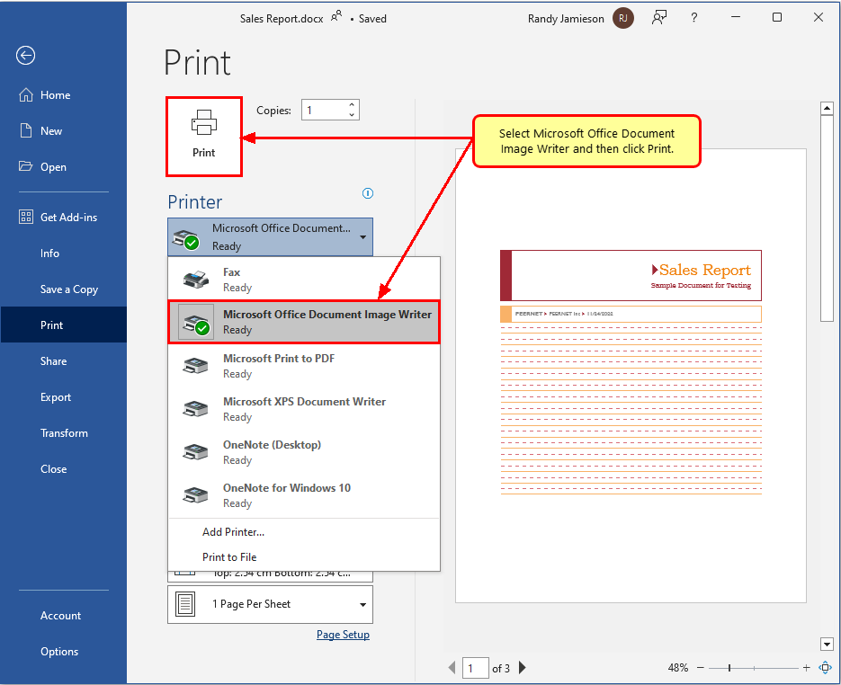 Select Microsoft Office Document Image Writer from the printer list and then click Print.
