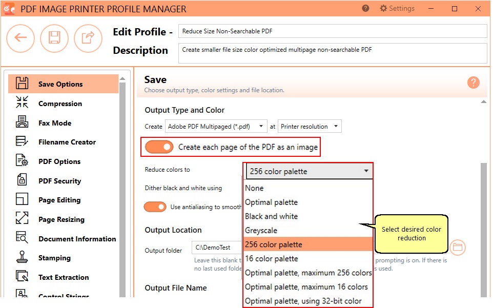 reduce non-searchable pdf file size using color reduction options