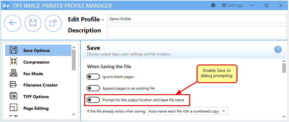 To save without prompting, turn off the prompt for file and folder location when printing.