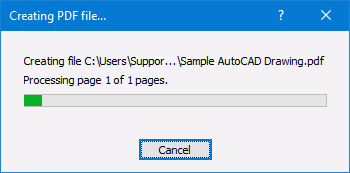A progress dialog tracks the creation of your AutoCAD drawing to PDF.