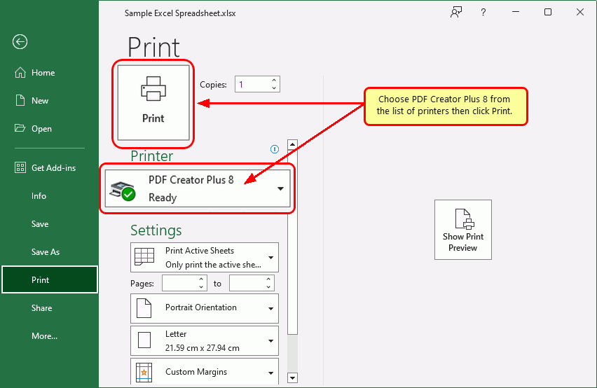 Select PDF Creator Plus 8 from the list of printers then click the Print button.