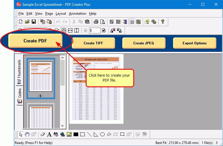Click the Create PDF button to save the pages of your Excel to PDF
