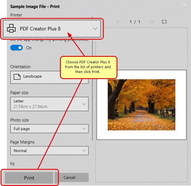 Print JPG to PDF Creator Plus 8 printer to combine files into PDF.