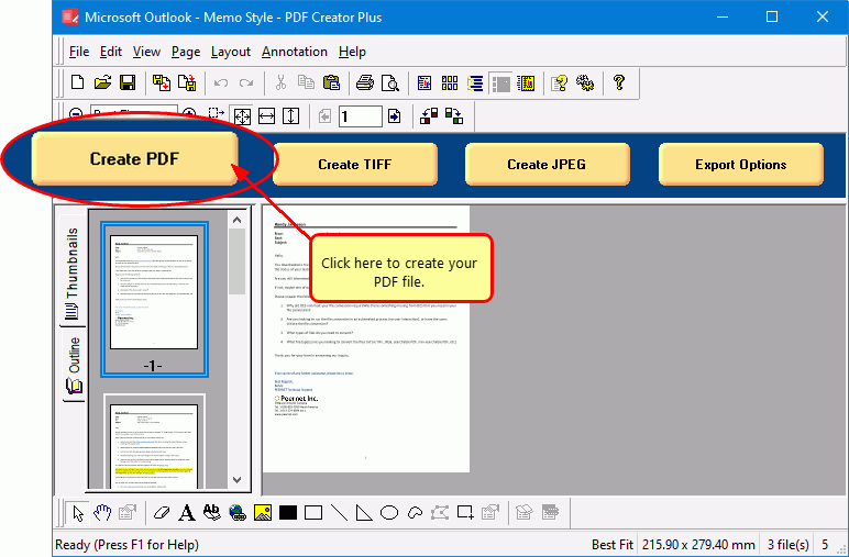 Click the Create PDF button to save your email as a PDF.