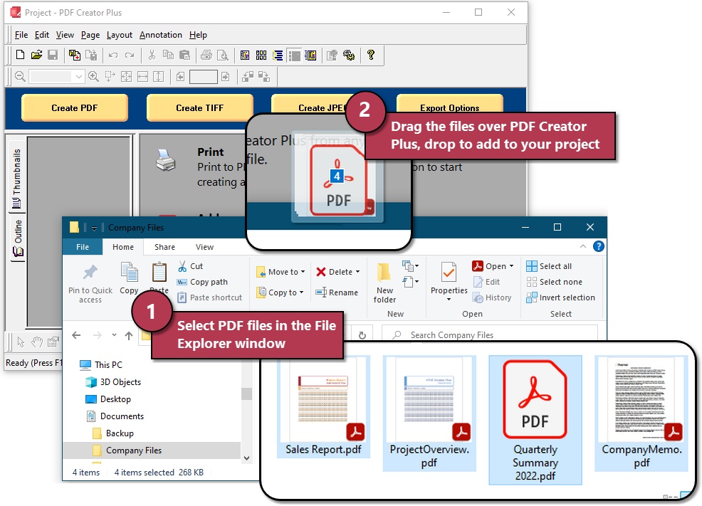 Drag and drop to merge by selecting PDF in File Explorer and dropping onto PDF Creator Plus