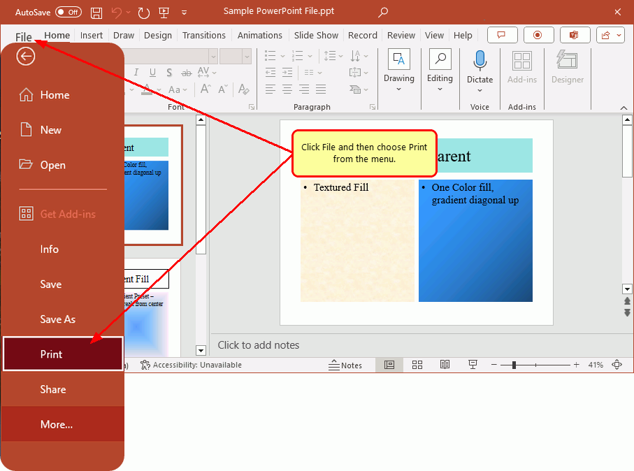 Open your PowerPoint presentation. Click File and then choose Print from the menu.