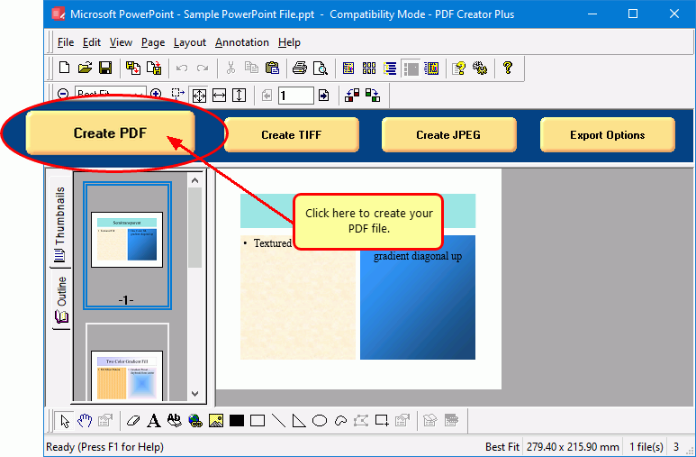 Click the Create PDF button to save the pages of your PowerPoint presentation to PDF.