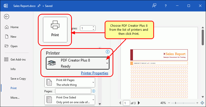 Select the PDF Creator Plus 8 printer, then click print to convert DOCX to PDF.