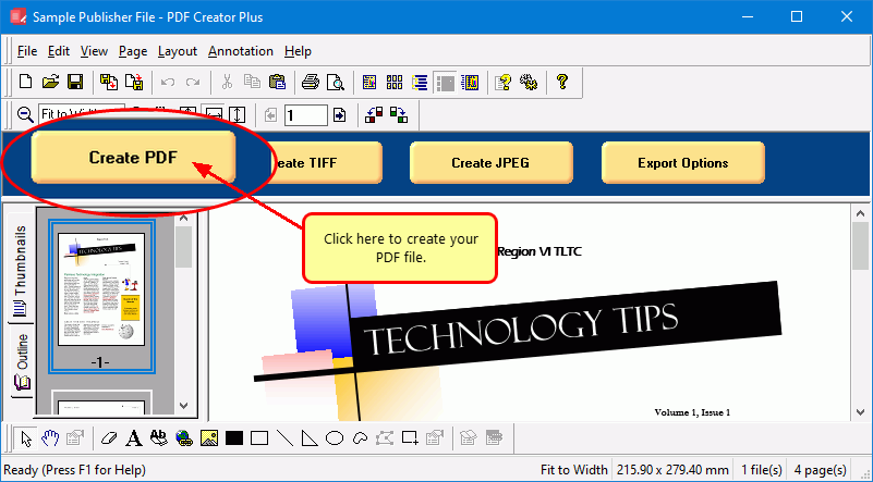 Click the Create PDF button to save the pages of your Publisher as PDF with this pub to pdf converter.