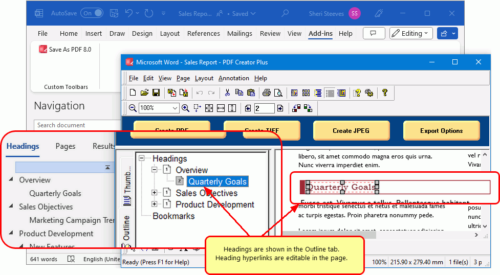 The Save As PDF 8.0 Add-in sends the pages to PDF Creator Plus with hyperlink and outline information.