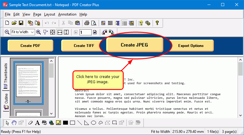 Click the Create JPEG button to save the pages of your file as JPEG images.