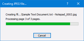 A progress dialog tracks the creation of your JPEG images from Word(DOCX), EXCEL (XLSX), TXT, or any document you can print.