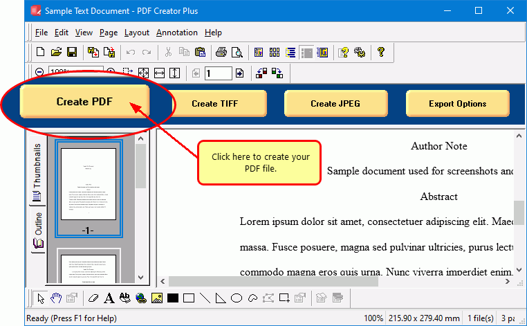 Click the Create PDF button to set options and save rtf as pdf.