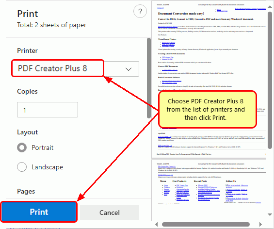 Select PDF Creator Plus 8 from the list of printers then click the Print button to convert HTML to PDF.