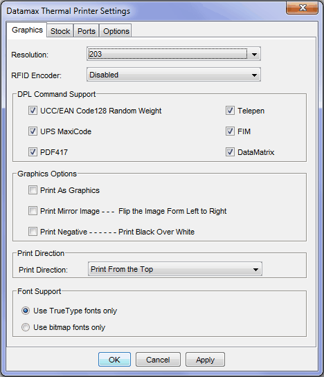 Datamax Configuration Dialog - Graphics Options