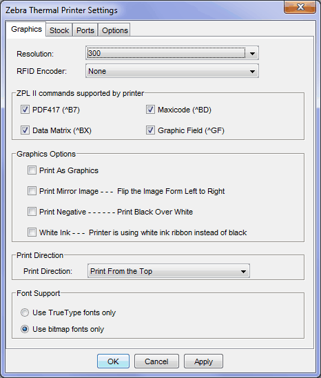 Zebra Configuration Dialog - Graphics Options