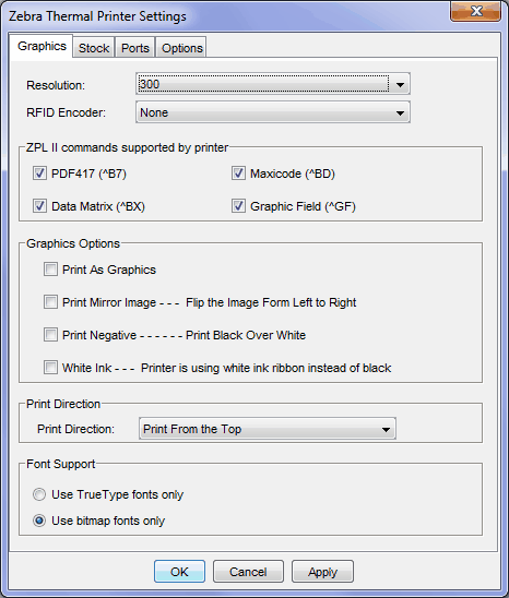 Zebra Configuration Dialog - Graphics Options Zebra Configuration Dialog - Graphics Options