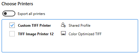 Choose which custom printers to include in the export file.