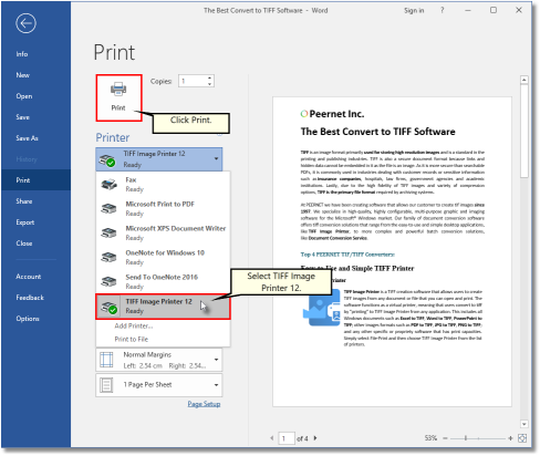 Print the document to the printer to create serialized tiff images