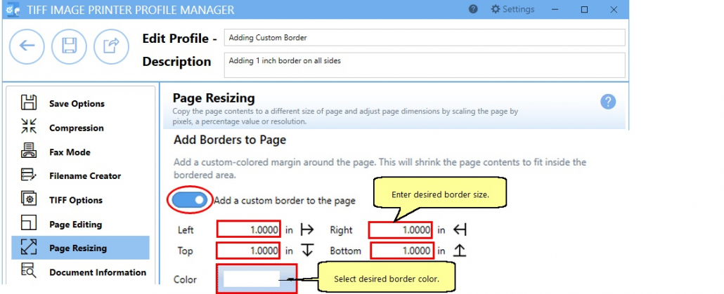 Select Page Resizing and enable Add a custom border to the page