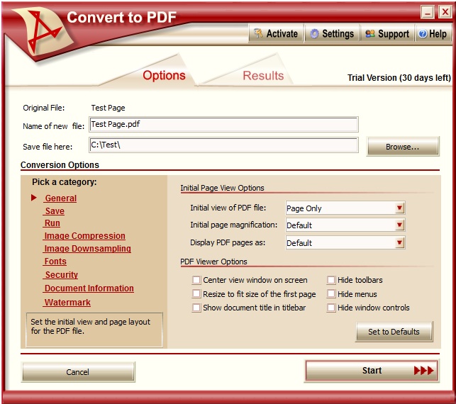 Convert To PDF - User Interface Screen