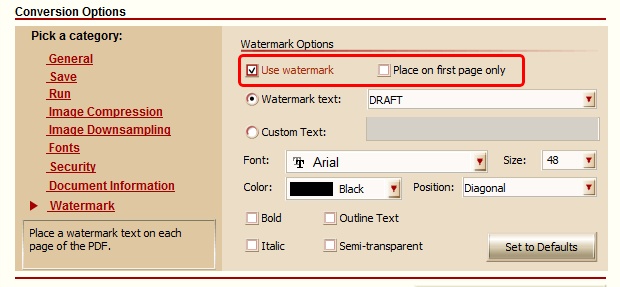 Convert To PDF - Watermark Setting Screen