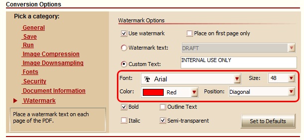 Convert To PDF - Watermark Setting - Font Size Color and Position