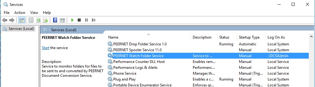 Accessing Watch Folder Service Account in Services screen