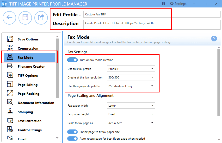set custom settings to create fax tiff