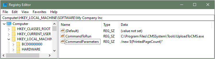 adding registry keys for custom action command and parameters