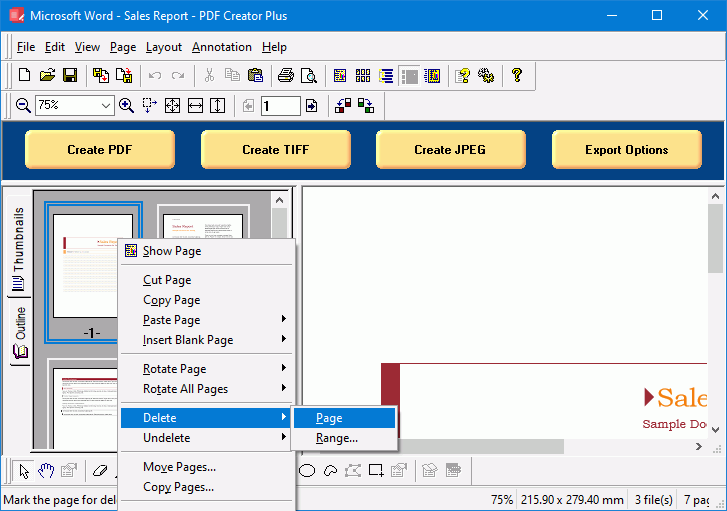 Delete a page or a range of pages before creating the PDF file.