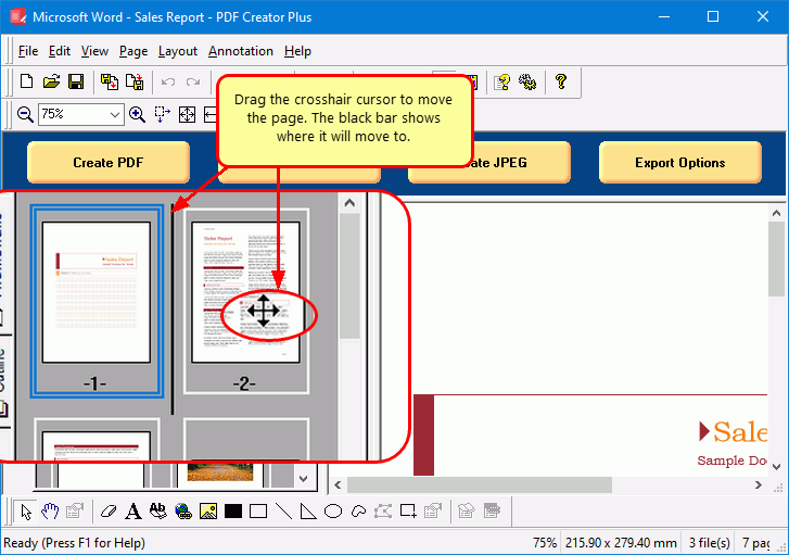 Move a page or a range of pages in the PDF Creator Plus page thumbnail view.