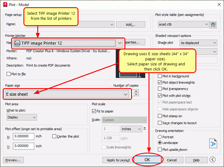 Select TIFF Image Printer 12 and set any custom paper size needed to convert your DWG to TIFF