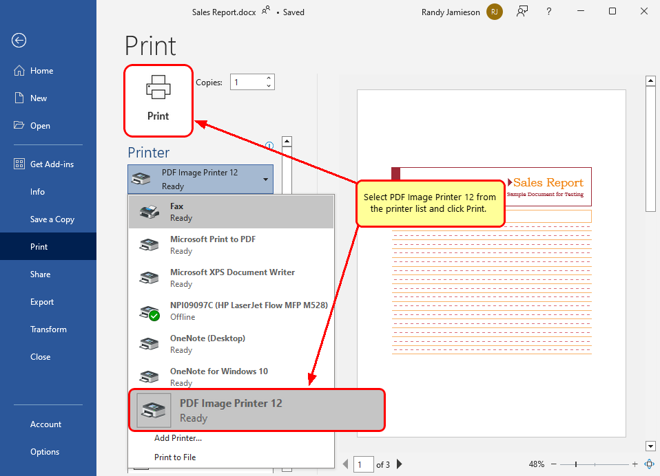 Select printer and print document