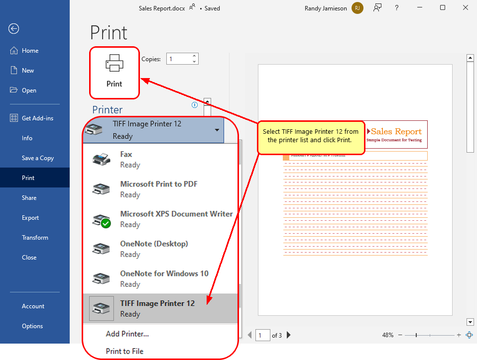 Select the Image Printer from the printer list and then click Print.
