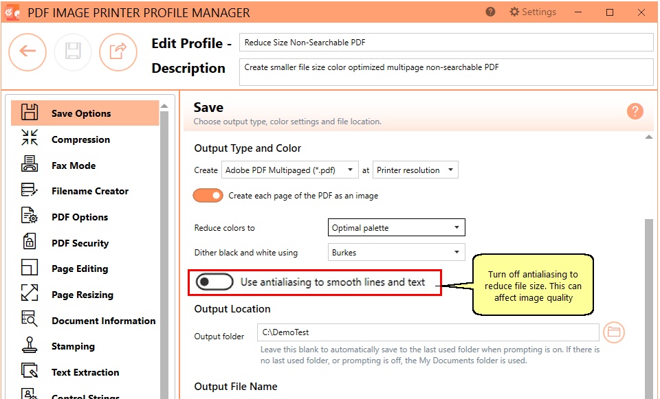 Turn off antialiasing to also reduce non-searchable PDF file size
