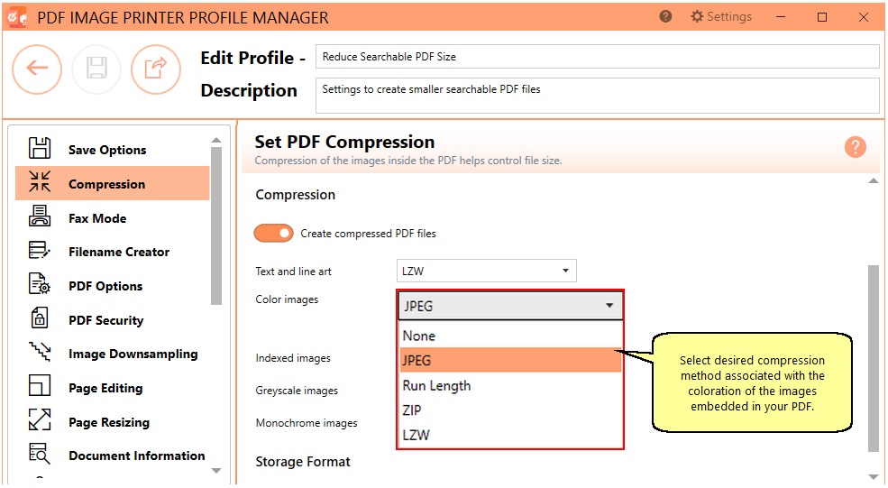 Changing the compression used to store the images can reduce PDF size