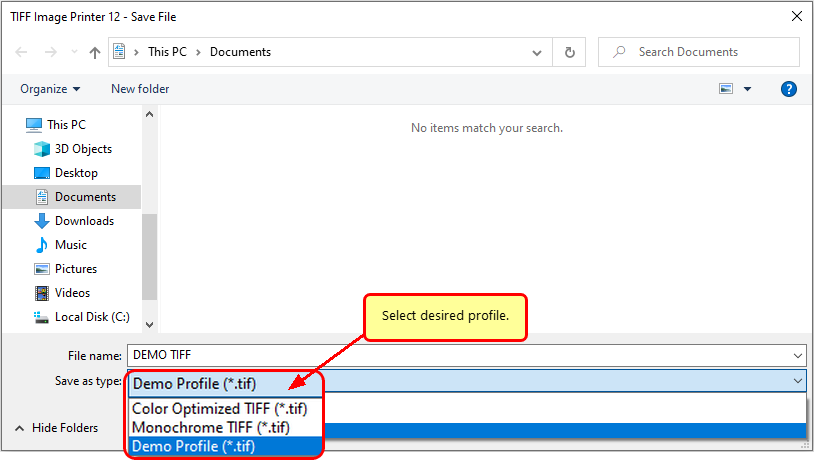 Select desired profile from profile list. The profile determines the type of TIFF created.