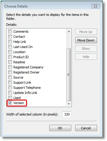 Programs and Features - Version Column Checkbox