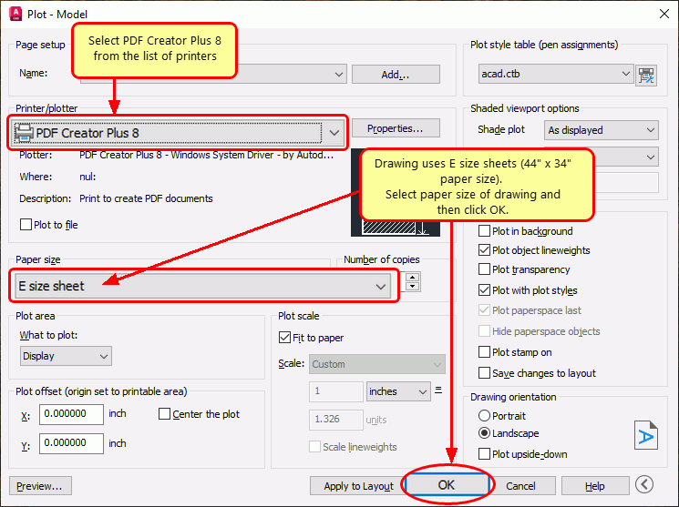 Select PDF Creator Plus 8 from the list of printers, choose paper size, and then click the OK button to convert AutoCAD to PDF.
