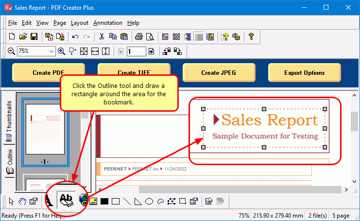 Add bookmarks to PDF using the outline tool.