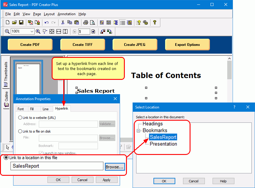 Add hyperlinks from your table of contents to your PDF bookmarks.