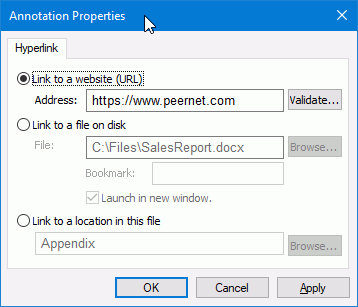 Set the hyperlink destination to a web address, external file or a internal heading or bookmark in the project.