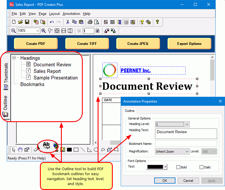 Build a PDF bookmark outline using the Outline annotation tool.