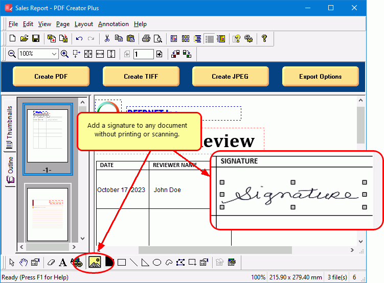 Annotate pdf files with electronic signatures; no need to print, sign and re-scan.