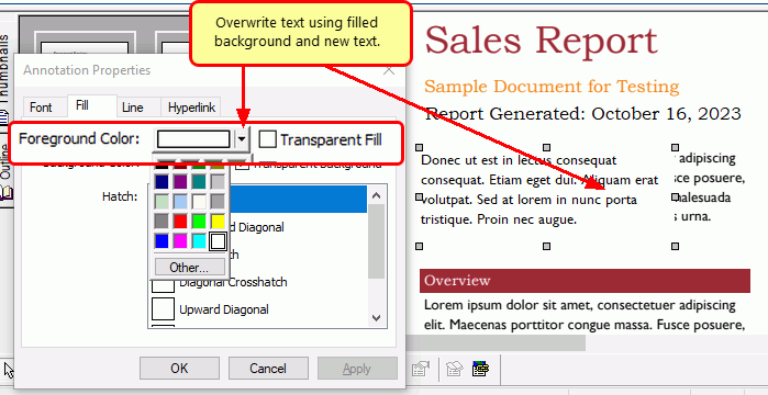 Overwrite parts of your PDF with new text using the text annotation tool.
