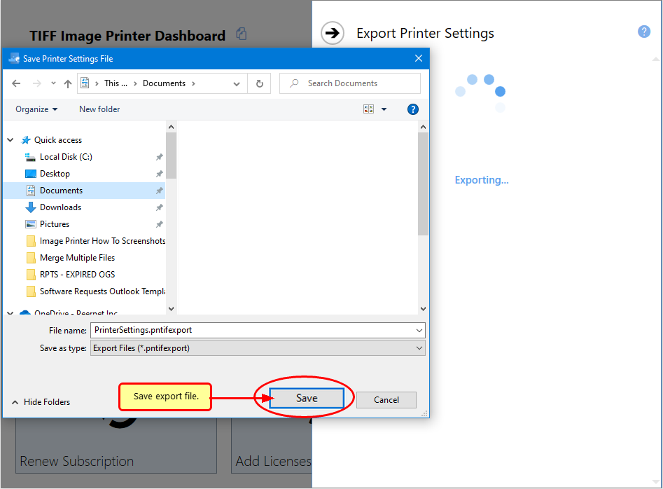 Export Printer Settings Exporting