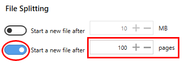 Enter maximum number of pages before starting a new file.